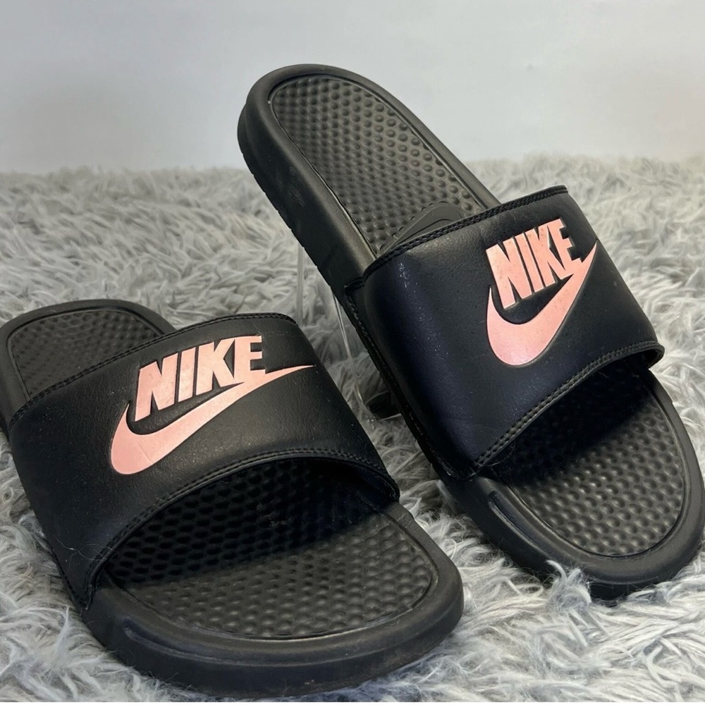 Nike Women's Black Slides with Pink Logo
